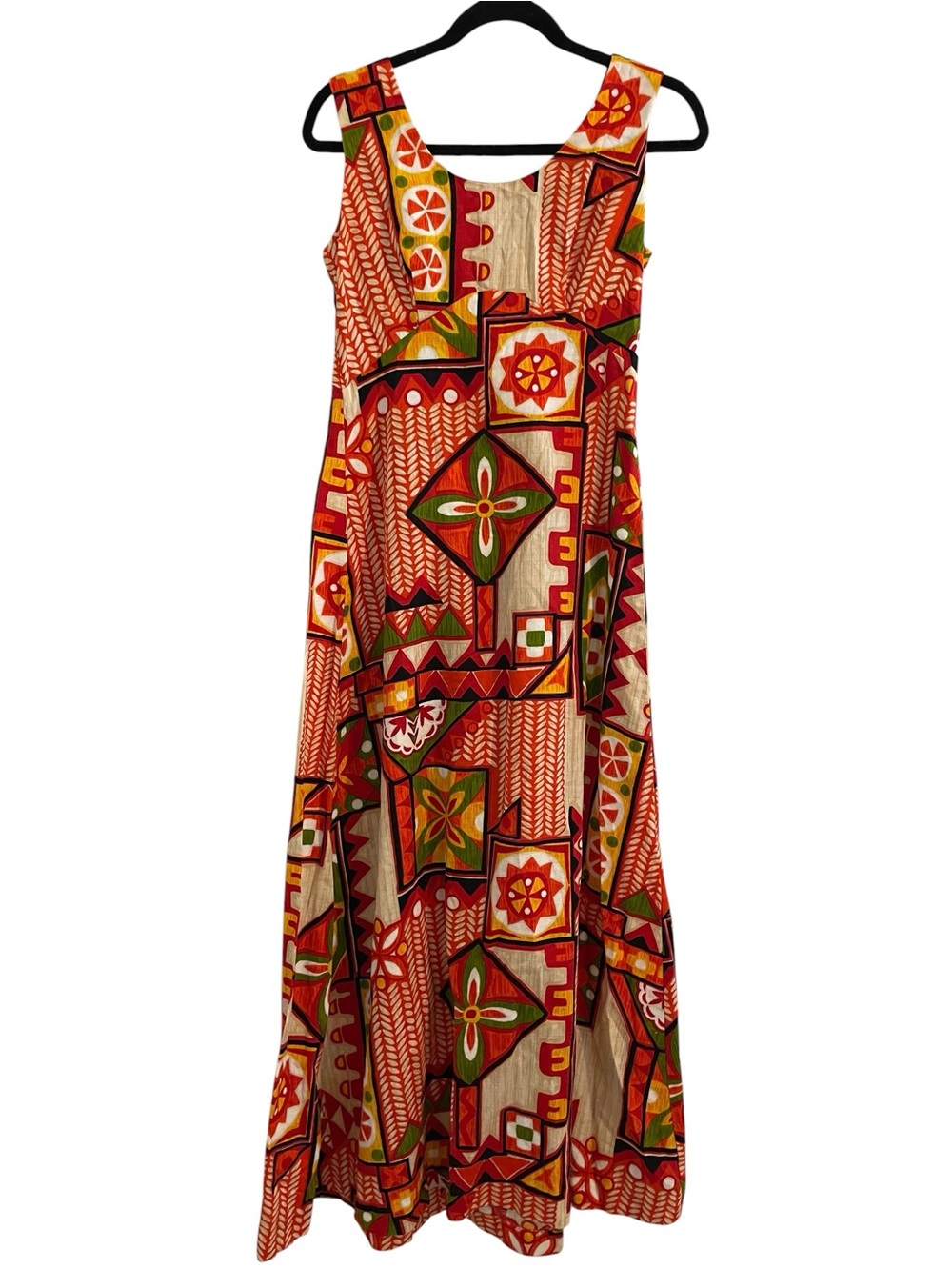 ALFRED SHAHEEN Vintage Hawaiian Sleeveless Eclectic GeometricCotton Maxi Dress